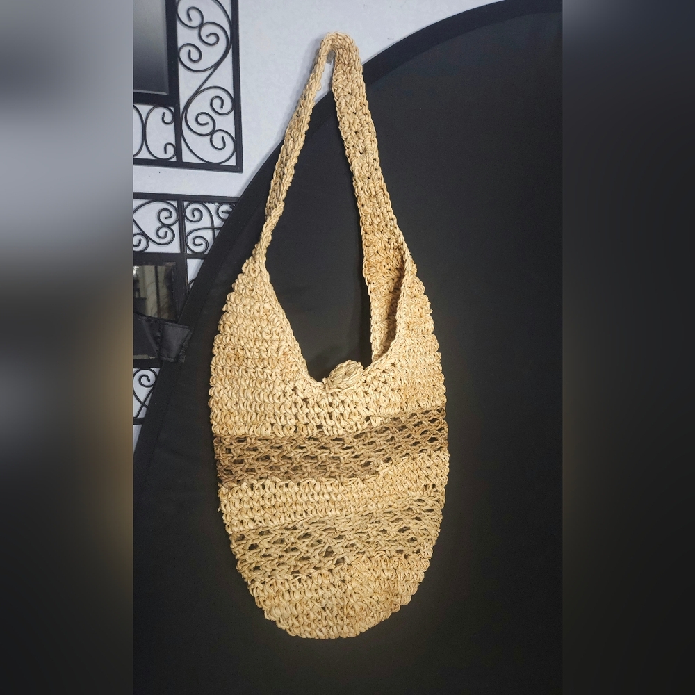 Vintage Straw Tan Brown Woven Macrame Shoulder Beach Style Bag